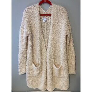 London Kaye Women's Cream Textured Knit Open Front‎ Long Sleeve Cardigan M